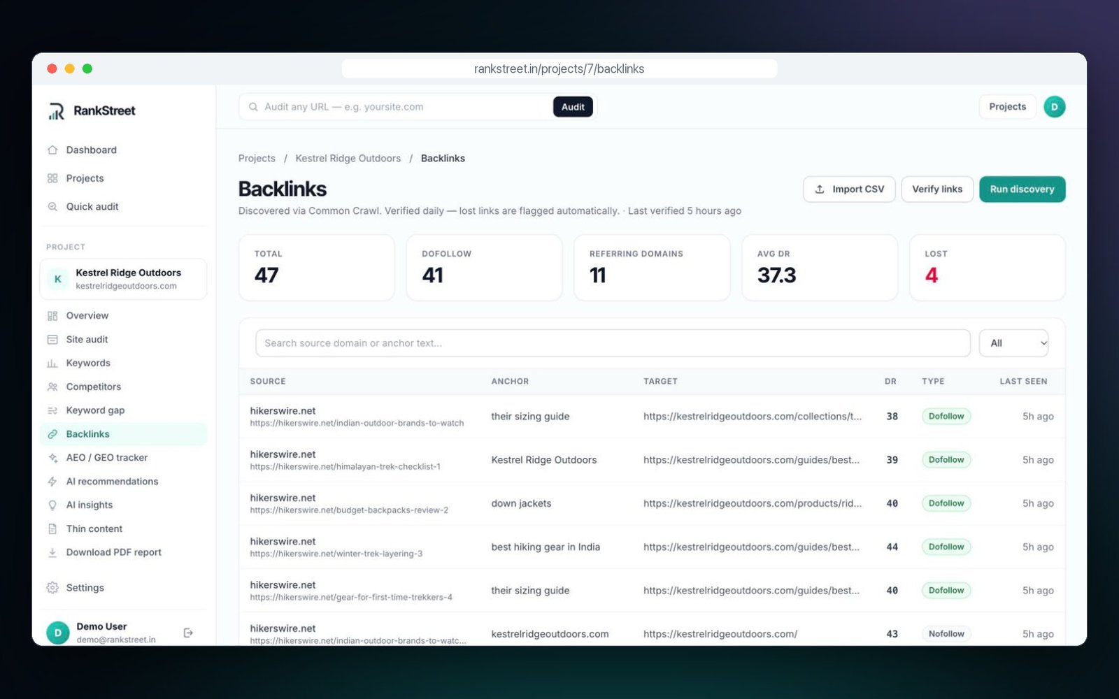 RankStreet app — Backlink intelligence