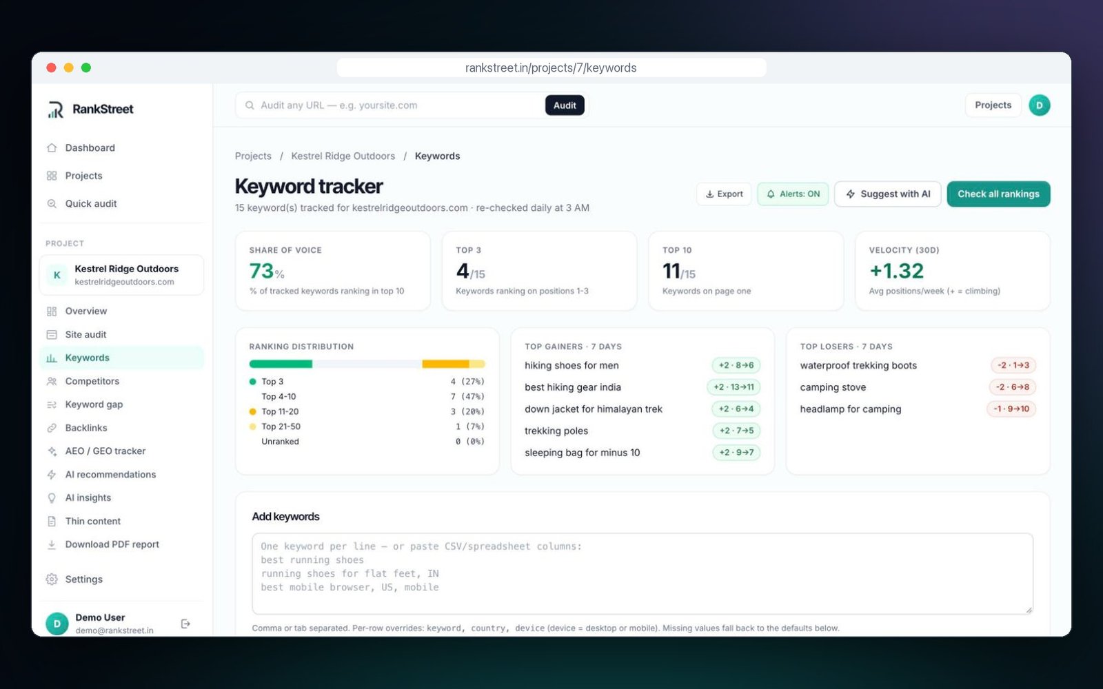 RankStreet app — Keyword rank tracking